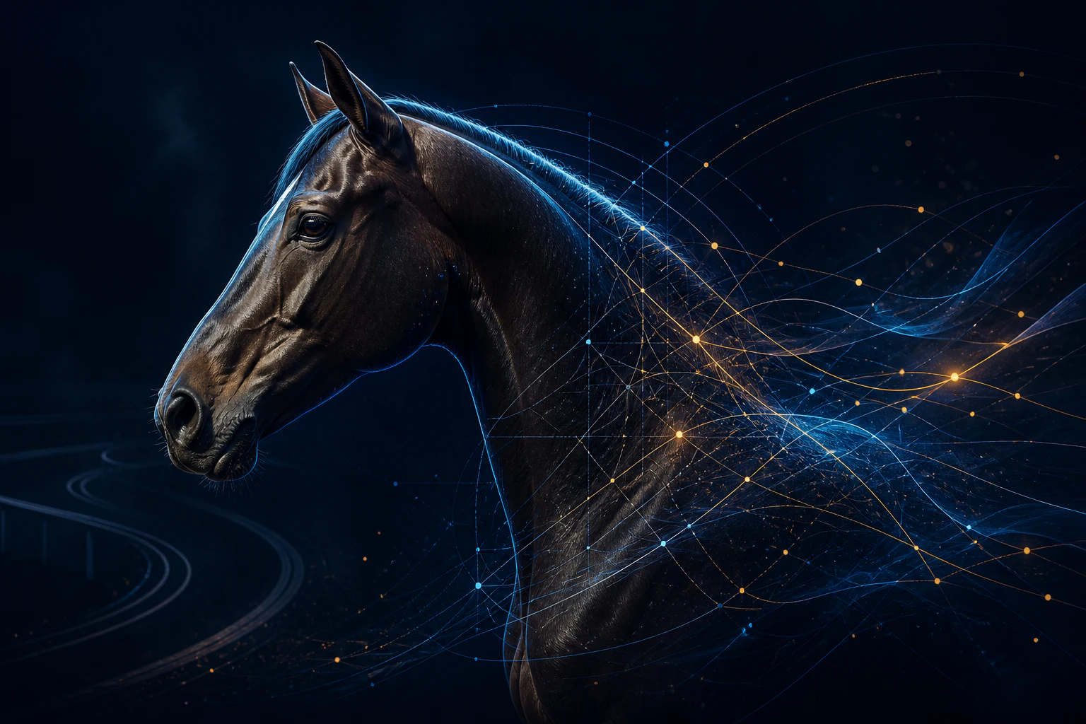 A thoroughbred horse emerging from blue and amber data lines